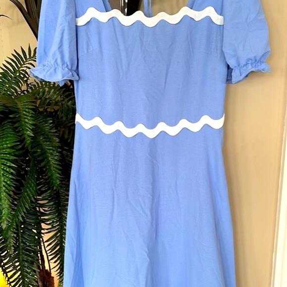 Brand New Blue Flowy Maxi Dress w/ White Ric Rac Tie Back Smocked Puff Sleeves - Picture 6 of 16